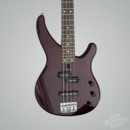 Yamaha 4-string; Exotic wood, flamed mango top, solid alder body, maple neck, rosewood fingerboard, one split single-coil and one straight single-coil pickup; Root Beer